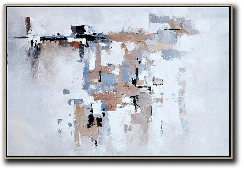 Handmade Large Contemporary Art,Oversized Horizontal Abstract Art,White,Grey,Beige.etc